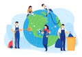 Cleaning planet people vector illustration, cartoon flat volunteer cleaner characters clean, care globe Earth