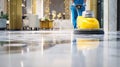 The cleaning process of a polished floor in a luxurious hotel lobby. AI generated image Royalty Free Stock Photo