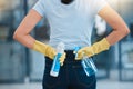 Cleaning, product and back of woman with spray bottle for hygiene, disinfection and sanitization in office. Cleaning