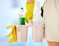 Cleaning, product and soap with hands of woman with bucket for bacteria, safety and chemical. Dust, spray and liquid