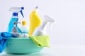 Cleaning product tool equipments, concept of housekeeping, professional clean service, housework kit supplies, copy space, close Royalty Free Stock Photo