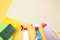 cleaning product on yellow background side view. Professional cleaning products, spring cleaning. Household chemicals. Royalty Free Stock Photo