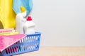 Cleaning products basket supplies copy space Royalty Free Stock Photo