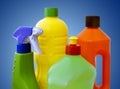 Cleaning products on blue background Royalty Free Stock Photo