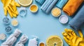 Cleaning products on blue background. AI Generated. Royalty Free Stock Photo