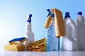 Cleaning products and equipment on table overview Royalty Free Stock Photo