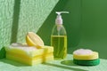 Cleaning products with a fresh lemon and sponges on a green background, ideal for household cleaning supplies Royalty Free Stock Photo