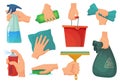 Cleaning products in hands. Hand hold detergent, housework supplies and cleanup rag cartoon vector illustration set Royalty Free Stock Photo