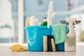 Cleaning, products and house service with container tools or chemical liquid cleaner in house, home interior. Service Royalty Free Stock Photo