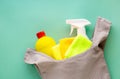 Cleaning products and items in a textile bag Royalty Free Stock Photo