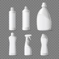 Cleaning products packaging. Realistic household liquid chemicals, white plastic containers, blank housekeeping