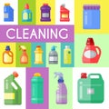 Cleaning products poster household bottle plastic liquid detergent product vector illustration. Cleaner disinfect Royalty Free Stock Photo