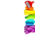 Cleaning products set of rainbow colors isolated on white background. Spring cleaning concept. Top view. Royalty Free Stock Photo