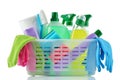 Cleaning products and supplies in a basket.