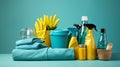Cleaning products and tools on blue background. AI Generated. Royalty Free Stock Photo