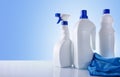 Cleaning products on white table overview Royalty Free Stock Photo