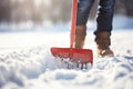 Cleaning and removing snow in winter, red shovel close-up. Generative AI