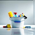 Cleaning room with water in white room with backet