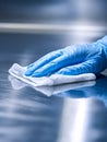 Cleaning and sanitizing a stainless steel surface with a cloth and gloved hand Royalty Free Stock Photo