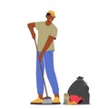 Cleaning Service Activity Concept. Janitor Male Character Street Cleaner Holding Broom Sweep Lawn from Trash and Garbage