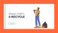 Cleaning Service Activity, Recycle Concept Landing Page Template. Janitor Male Character Street Cleaner Sweeping Lawn