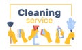 Cleaning service banner. Hands in yellow gloves hold detergents, sponge and toilet plunger. Advertising template