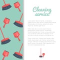 Cleaning service banner or poster. Natural red plastic brooms and dustpans on green background.