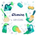 Cleaning service banner with washing tools and supplies doodle cartoon vector.