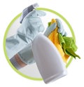 Cleaning service and bio products icon. Hands with gloves, green rag, spray bottle isolated on white background, contacts Royalty Free Stock Photo