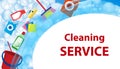 Cleaning service blue background. Poster or banner with soap bubbles and tools, cleaning products for cleanliness. Vector