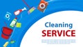 Cleaning Service blue and white background. Poster or banner with tools and cleaning products for cleanliness. Vector