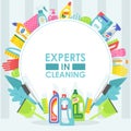 Cleaning service brochure cover template, vector illustration. Flat style banner with copy space, cleaning products