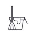 Cleaning service,bucket with a broom vector line icon, sign, illustration on background, editable strokes