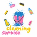 Cleaning service. Bucket with foam and water, household chemicals foam and sponges. Poster, banner or logo template for house