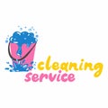 Cleaning service. Bucket with foam and water, household chemicals foam and sponges. Poster, banner or logo template for house