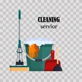 Cleaning service. Colorful set house cleaning tools with bucket, mop, glovers, scoop, toilet plunger on transparent