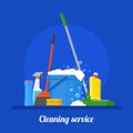 Cleaning service company concept vector illustration. House tools poster design in flat style Royalty Free Stock Photo