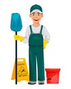 Cleaning service concept. Cheerful cartoon character Royalty Free Stock Photo