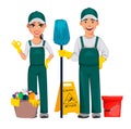 Cleaning service concept. Cheerful cartoon character Royalty Free Stock Photo