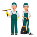 Cleaning service concept. Cheerful cartoon character Royalty Free Stock Photo