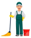 Cleaning service concept. Cheerful cartoon character Royalty Free Stock Photo