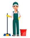 Cleaning service concept. Cheerful cartoon character Royalty Free Stock Photo