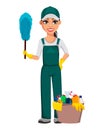 Cleaning service concept. Cheerful cartoon character Royalty Free Stock Photo