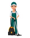 Cleaning service concept. Cheerful cartoon character Royalty Free Stock Photo