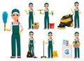 Cleaning service concept. Cheerful cartoon character Royalty Free Stock Photo