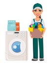 Cleaning service concept. Cheerful cartoon character Royalty Free Stock Photo