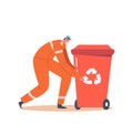 Cleaning Service Concept. Janitor Male Character in Orange Uniform with Recycling Bin. Street Cleaner Collect Trash