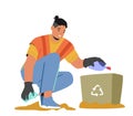 Cleaning Service Concept. Janitor Male Character Street Cleaner Pick Up Trash on Beach City Park and Put into Litter Bin