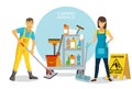 Cleaning service concept. A man and woman worker of cleaning service is holding a mop with caution wet floor sign. Vector Royalty Free Stock Photo