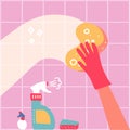 Cleaning service conpept. One Hand in red rubber glove with spray and sponge wash pink wall tiles. Vector flat hand Royalty Free Stock Photo